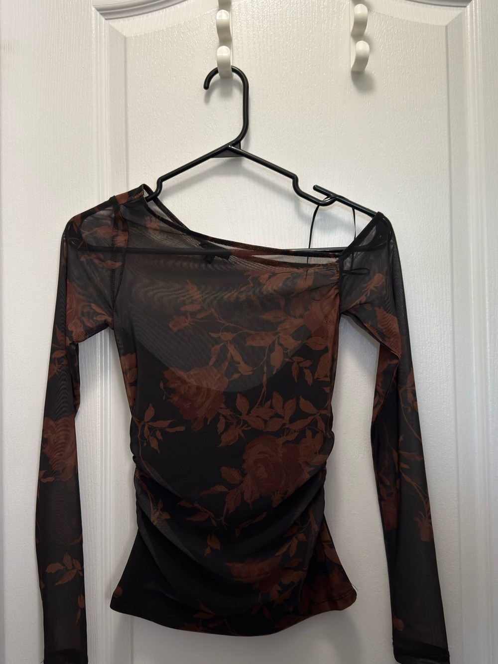 Dynamite Black Sheer Long-Sleeve Floral Top with Brown Roses